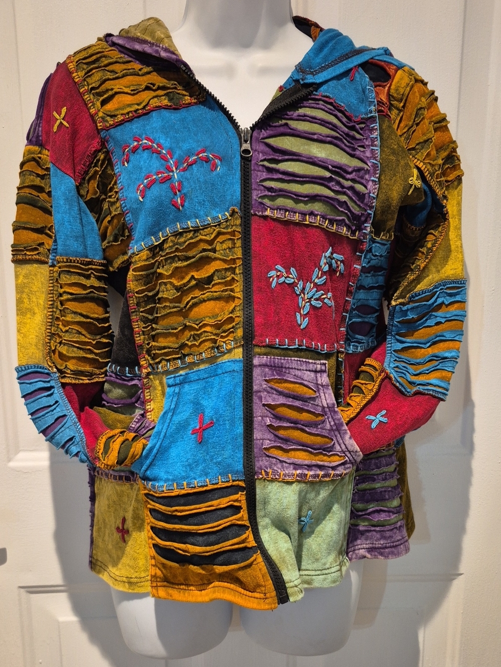 Vintage Multi-Color Patchwork Hooded Zip Jacket Made In Nepal. Size L. VGUC